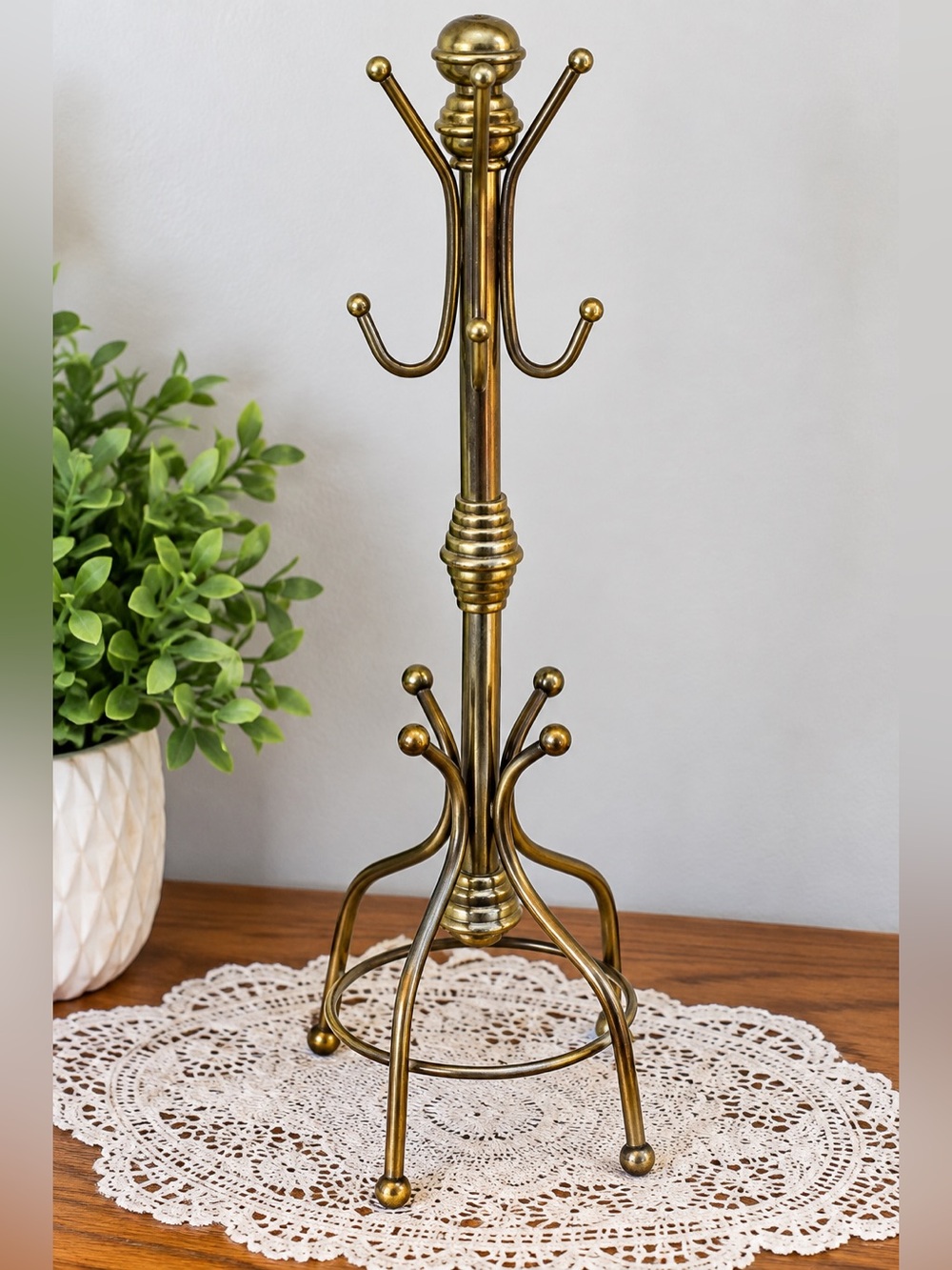 Vintage Brass Miniature Coat Rack Jewelry Stand – 12” Hall Tree - some wear